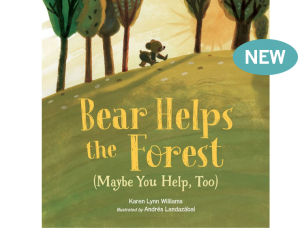 Bear Helps the Forest Book Cover. A small bear walks uphill in the forest.